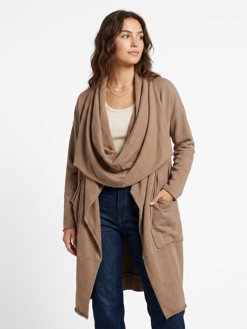 Open-Front Draped Cardigan Hoodie in Taupe